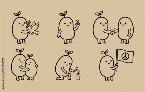Vászonkép Hand drawn cute kawaii bean character holding a white peace dove and making a vi