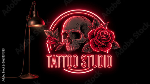 Bright neon tattoo studio sign with a skull and roses design in an indoor setting