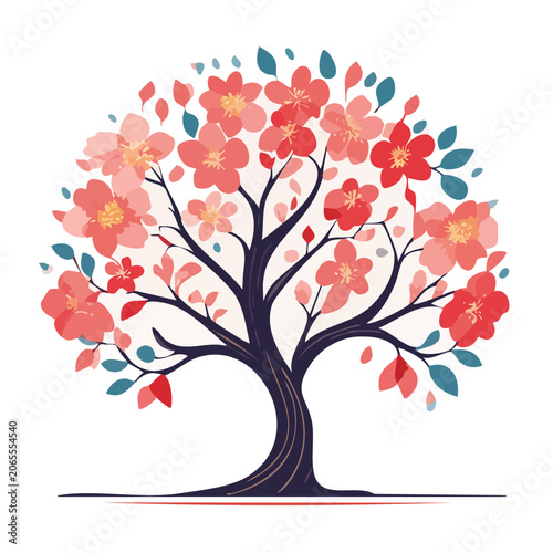 Stylized tree with red and blue flowers vector