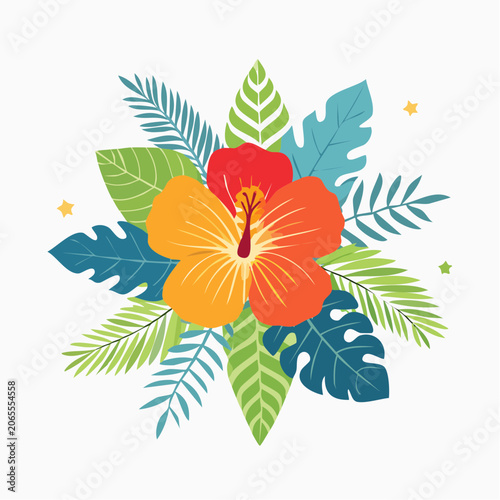 Tropical Hibiscus Flower and Leaves Illustration