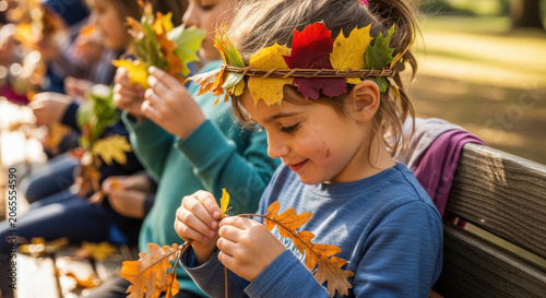 Children sit together on a park bench while crafting colorful fall foliage crowns during a sunny autumn afternoon in the local community garden.