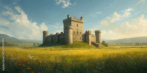 Scenic oil painting of a fortified castle encircled by bright green meadows capturing nature and historic charm