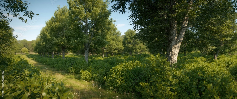 Fototapeta premium Isolated row of shrubs and trees in a summer forest scene with vibrant greenery and clear sky