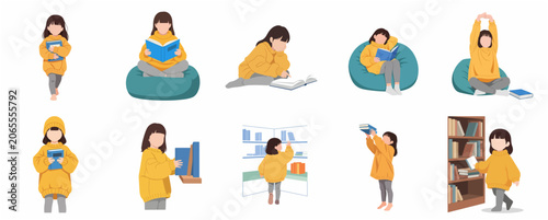 Quadro su tela Collection of little girl characters reading books in various poses, vector illu