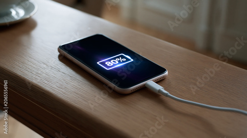 smartphone with charging cable on wooden surface outdoors, phone battery percentage technology lifestyle concept