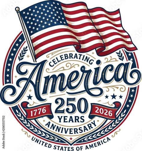 Independence day 250 america 250th anniversary celebration logo with waving american flag