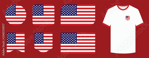 USA Football Jersey with American National Flag, Pennant Banner, Badge, Shield, Patch and Flag Icon Collection Vector Set Isolated on White Background