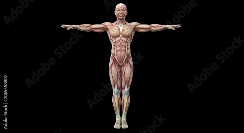 Human muscular system T-pose, isolated on black background, detailed anatomical illustration