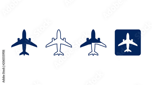 Set of four stylized airplane icons in blue tones with varying levels of detail and one enclosed within a square border