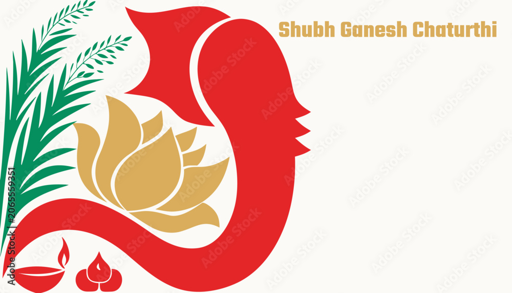 Obraz premium Bold Ganesh Chaturthi horizontal vector with confident Ganesha procession, oversized lotus, vertical breathing column for web header
