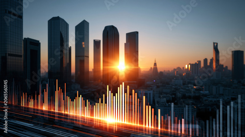 stock market trading chart overlay on city skyline, financial investment data concept, pink purple night digital
