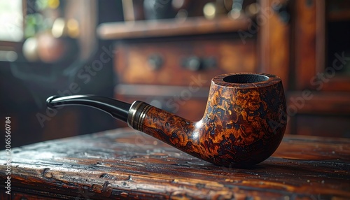 Exquisite briar tobacco pipe showcasing rich patina and intricate wood grain, resting on an aged wooden surface