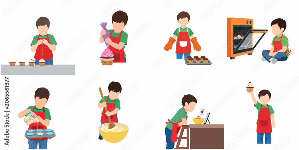 Fototapeta premium Set of vector illustrations featuring a young boy baking cupcakes, from mixing batter and following a recipe on a tablet to decorating and showing the finished treats.