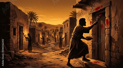 Person in Ancient Middle Eastern Village Entering Dwelling at Dusk