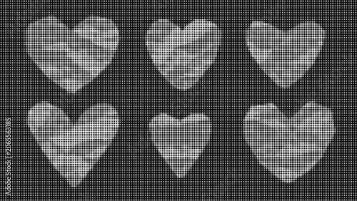 Heart shapes with crumpled texture arranged in two rows on black