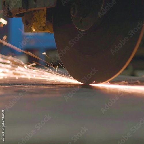 Closeup Industrial Cutting Wheel Grinding Metal Surface in Dim Workshop