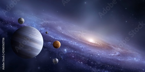 solar system and galaxy with planets, nebulae, stars, and swirling galaxies