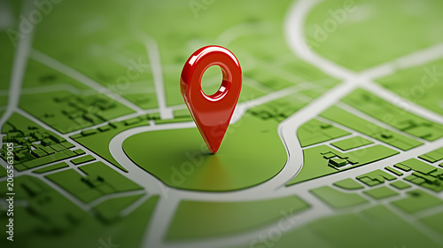 Red location pin icon on green city map, navigation concept, high fidelity, digital illustration
