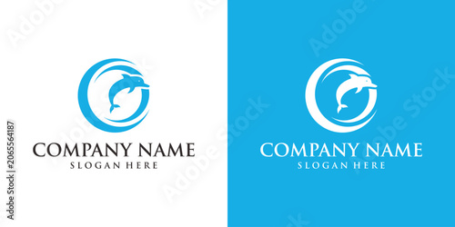 Dolphin logo design with waves and company name.