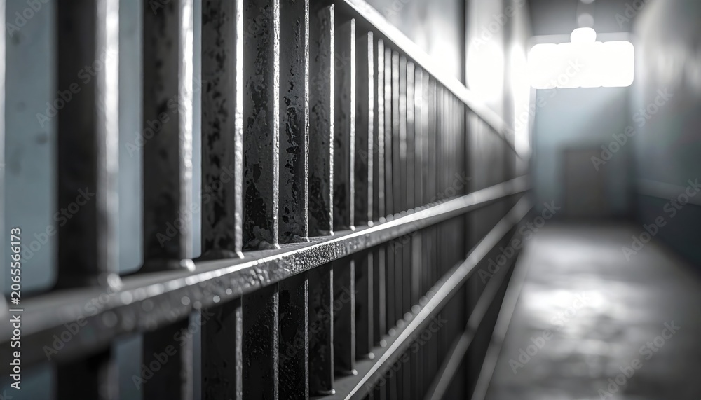 Fototapeta premium Imposing prison cell bars stretch down a dimly lit, sterile corridor, creating a sense of confinement and stark reality.