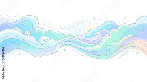 Soft pastel magical waves and clouds flowing with sparkling stars