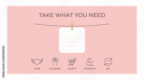 Inspirational self care board with blank note and positive icons