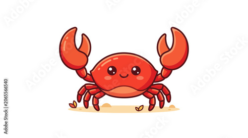 Cute red crab with big claws smiling on the sand