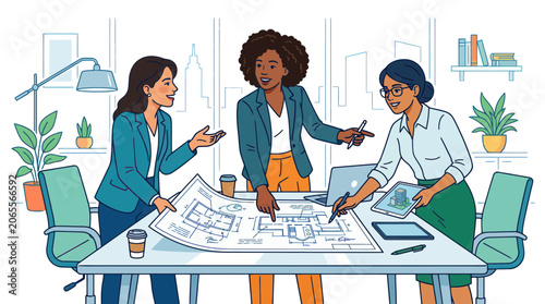 Team of professional women collaborating on architectural blueprints