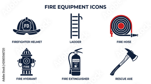 Firefighting equipment icons featuring helmet ladder hydrant and axe