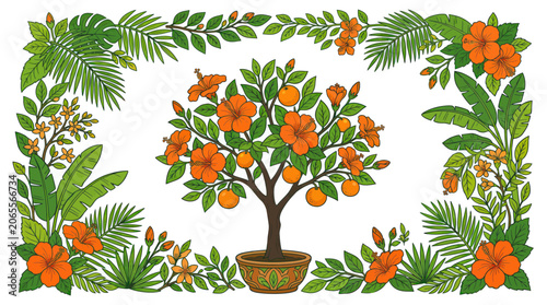 Potted orange citrus tree with tropical hibiscus and palm leaf border