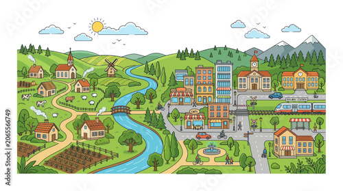 Colorful city and countryside landscape with farm and railway