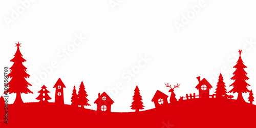 Billede på lærred Winter scene silhouette with trees houses and reindeer against white background