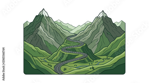 Winding road through majestic green mountains with snow capped peaks