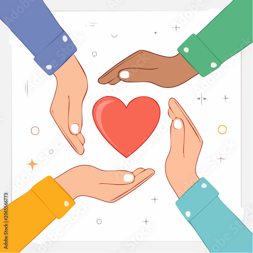 Diverse Hands Protecting a Red Heart