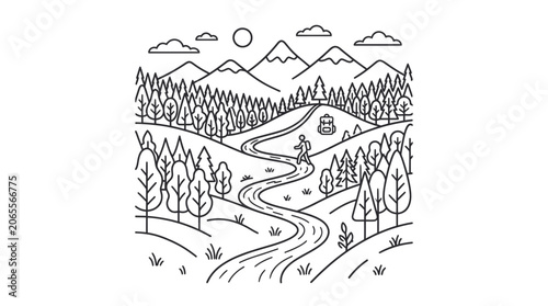 Hiker walking on a winding forest path with mountain landscape