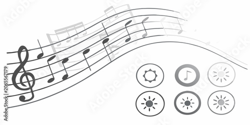 Musical Notation And Circular Icons On A White Background