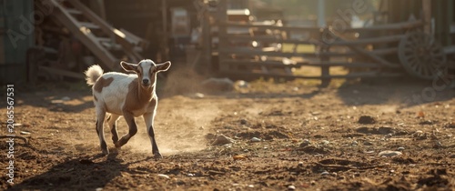 Young goat running on a dusty farmyard in sunlight