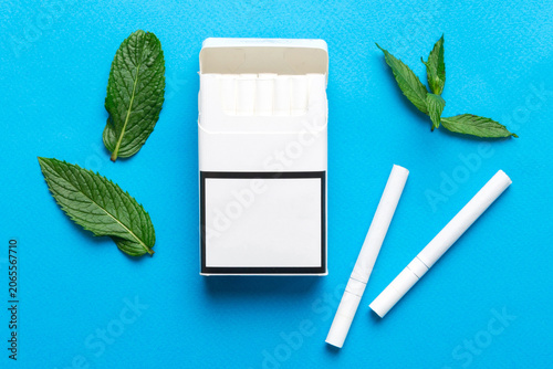 Bild auf Leinwand Pack of menthol cigarettes and fresh mint on colored table, Menthol cigarettes t