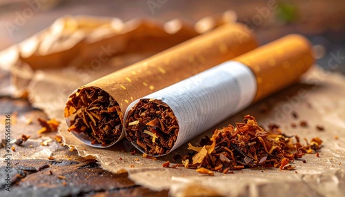 Freshly hand-rolled tobacco cigarette with loose leaf filling, showcasing its natural texture and raw ingredients.
