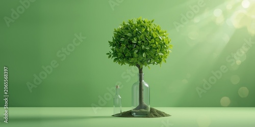 Money tree investment visualization with glass bottle on a solid green background