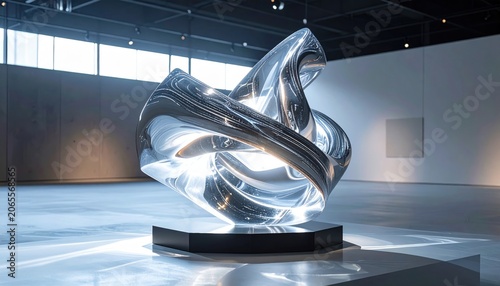 Futuristic Kinetic Sculpture with Fluid Metallic Form Displayed in Modern Art Gallery