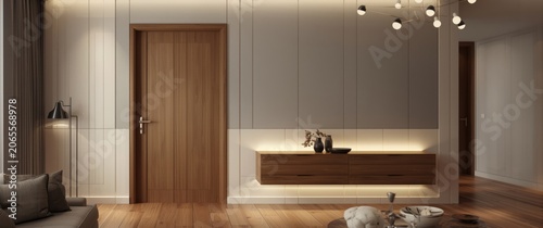 Refined living area displaying a contemporary door and attractive sideboard