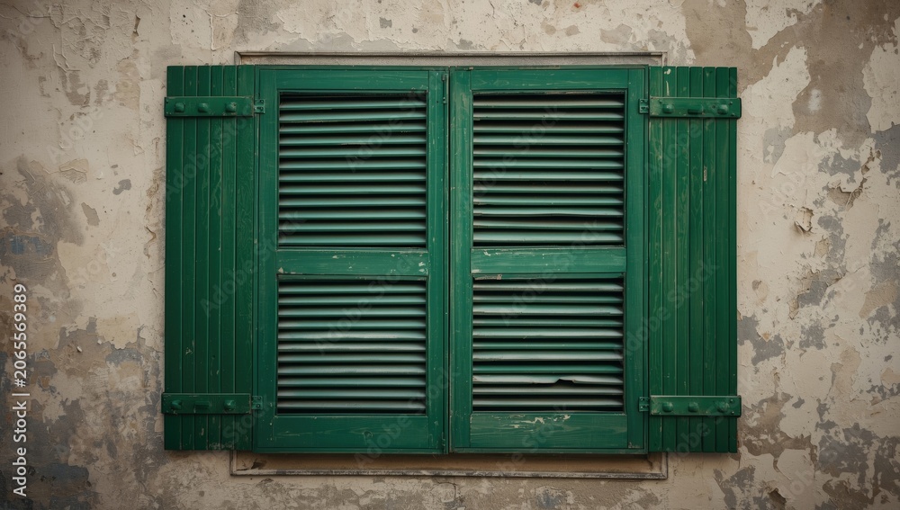 Fototapeta premium Green shuttered window on an aged wall