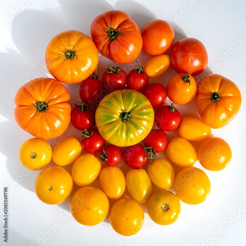 Colorful Heirloom and Cherry Tomato Arrangement on White Background