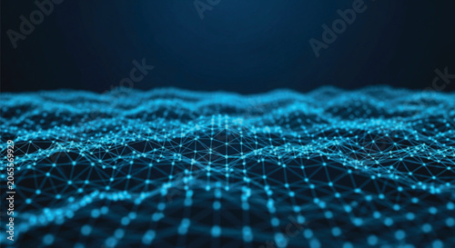 Foto Digital blue plexus network wave with connection dots and lines on dark background technology innovation internet data communication concept abstract graphic