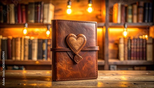 Handcrafted Vintage Leather Journal with Heart Embellishment on a Wooden Shelf