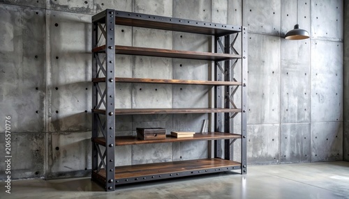 Industrial Metal and Wood Bookshelf with Five Shelves Standing Against a Textured Wall