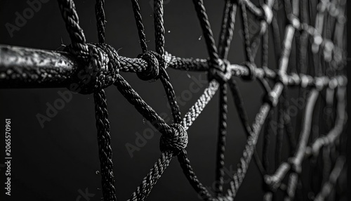 Intricate close-up of a dark, woven athletic netting with thick rope knots, showcasing a strong and textured pattern.