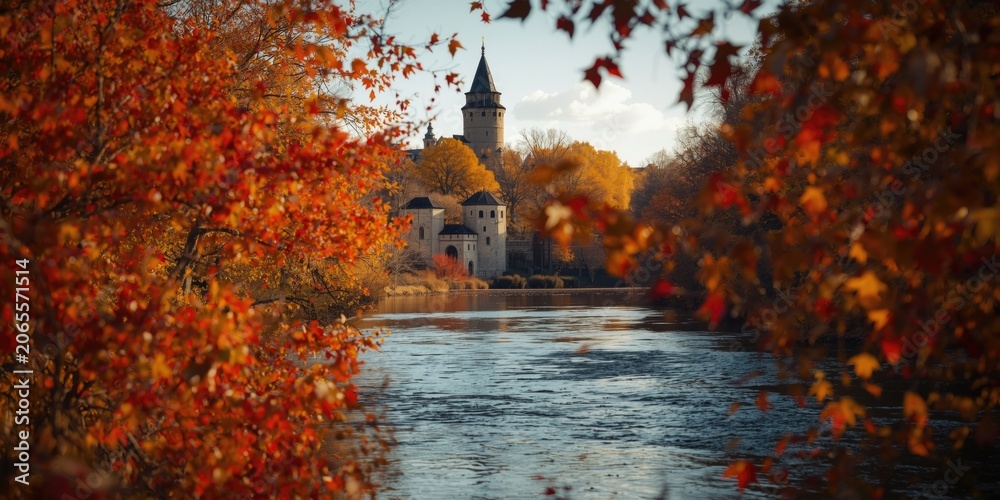 Obraz premium Seasonal autumn riverside setting with well known tower and fiery leaf colors