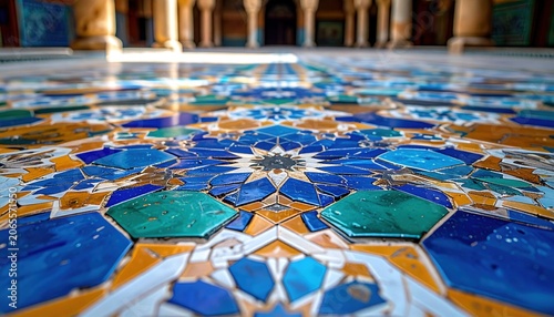Intricate Geometric Mosaic Tile Pattern in Blue and Gold, an Ornate Architectural Detail